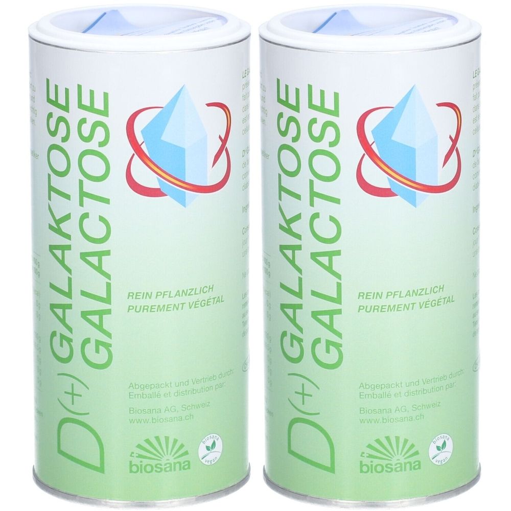 Deux boîtes cylindriques de D(+) Galactose. Inscription : Pur végétal, biosana. Logo avec cristal bleu et anneau rouge.