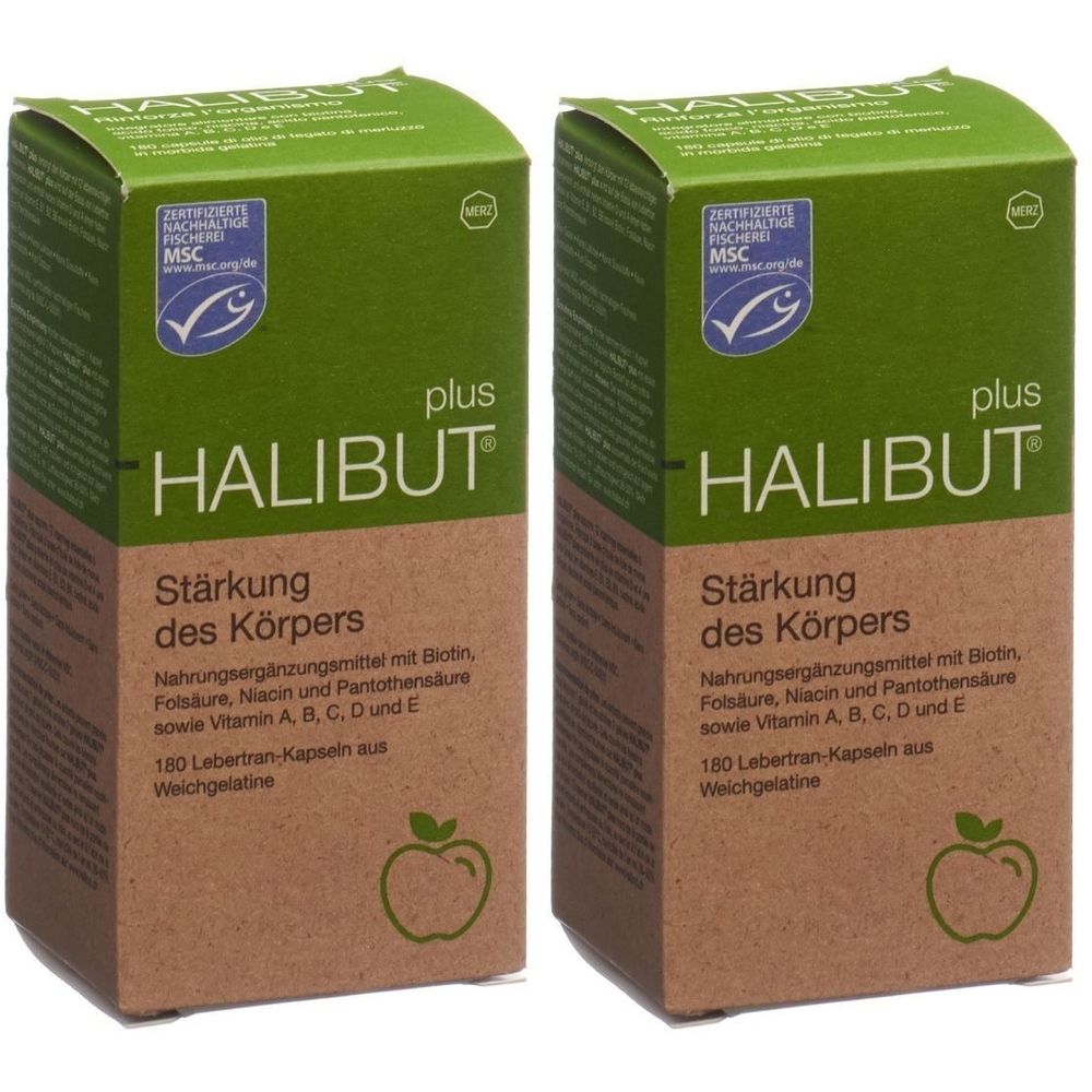 Deux boîtes HALIBUT plus. Inscription : Renforcement du corps. Contient des compléments alimentaires avec vitamines et minéraux. Label MSC.