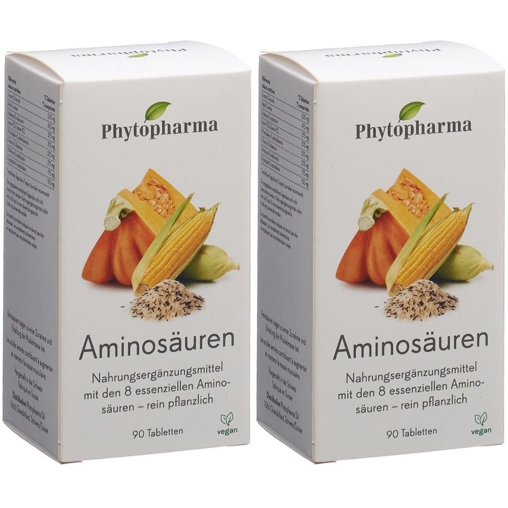 Deux boîtes blanches avec "Phytopharma Aminosäuren". Illustration de légumes. Texte: Complément alimentaire, 90 comprimés, végétalien.