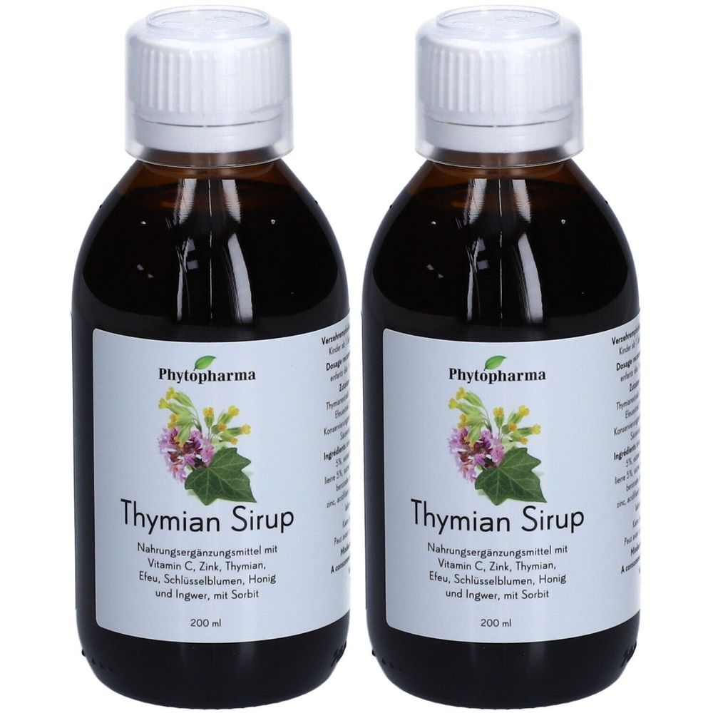 Deux flacons de sirop de thym. Étiquettes : marque Phytopharma, nom du produit, ingrédients. Liquide brun, bouchon blanc.