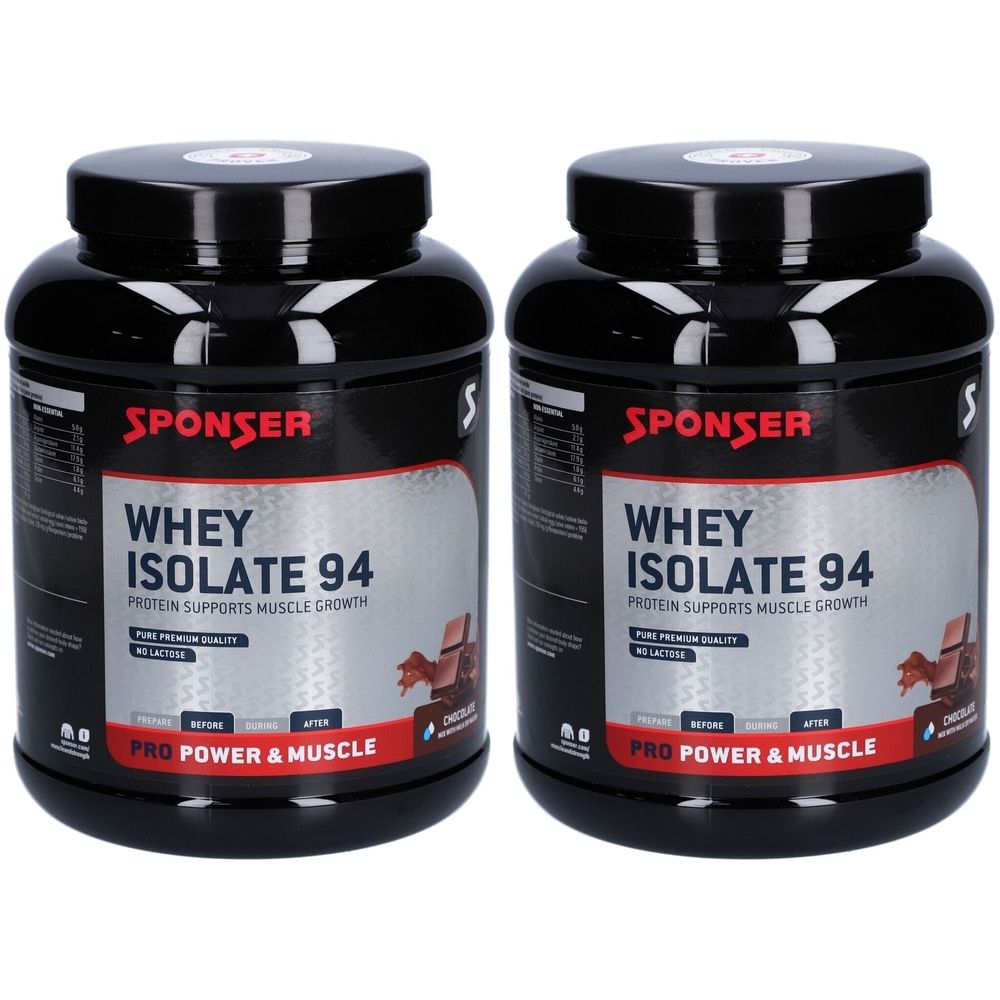 Deux boîtes noires de SPONSER Whey Isolate 94. Inscription : La protéine soutient la croissance musculaire. Texte rouge.