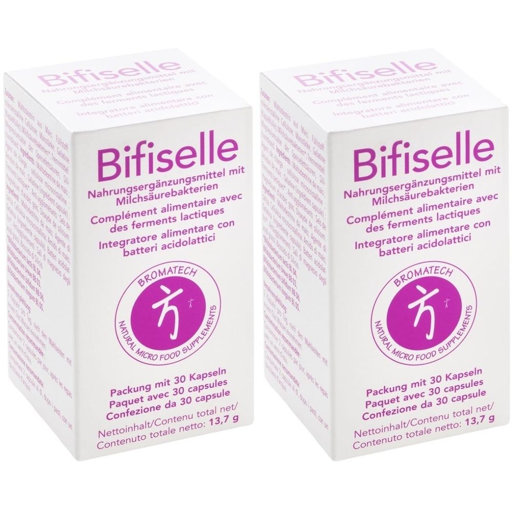 Deux boîtes blanches avec le mot Bifiselle. Les boîtes présentent des informations sur le produit en plusieurs langues, dont l'allemand, le français et l'italien.