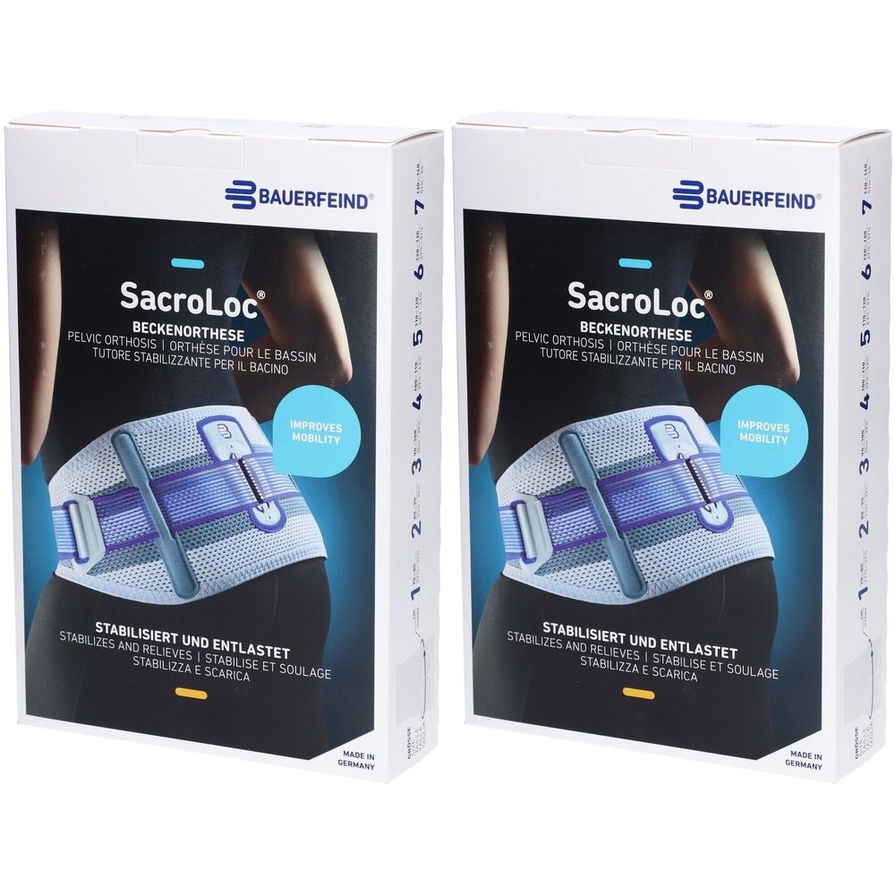 Deux boîtes de produit. Impression : SacroLoc orthèse pelvienne, logo Bauerfeind. Illustration d'une orthèse pelvienne.