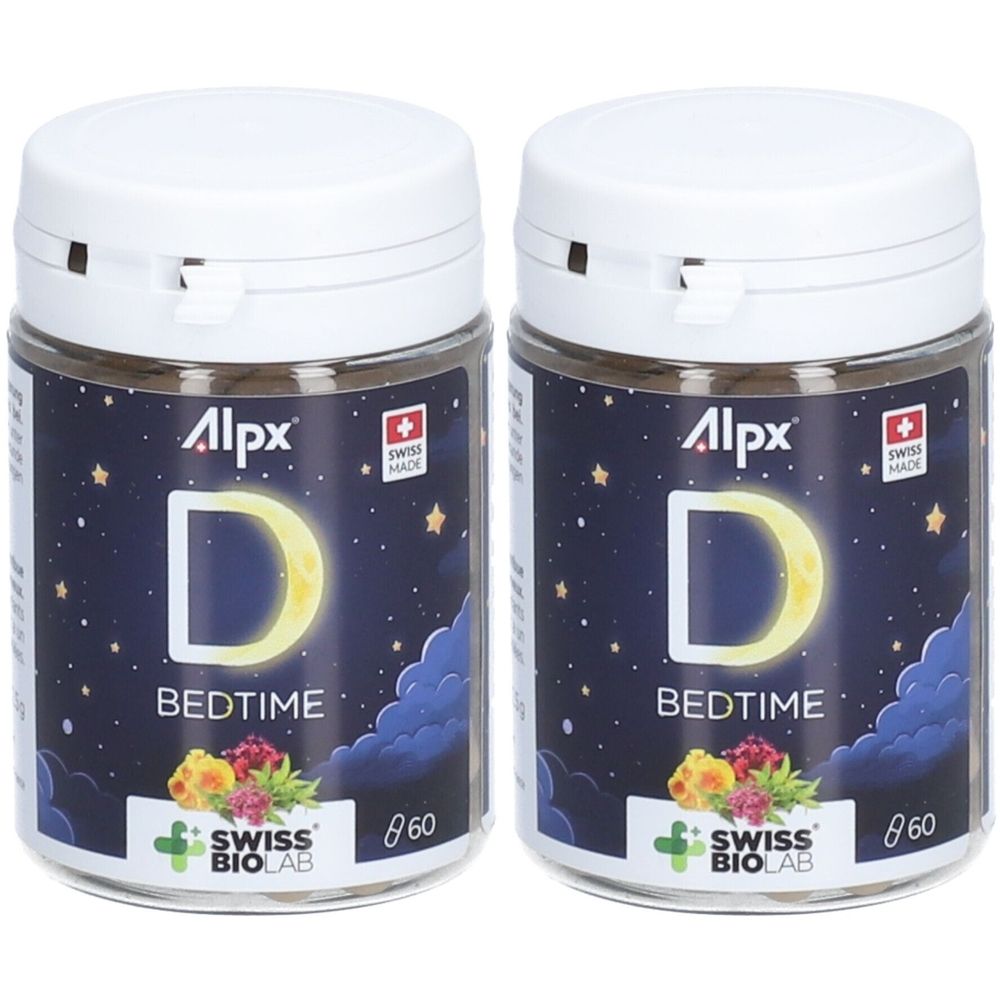 Deux flacons en verre avec couvercles blancs. Inscription Alpx, D, BEDTIME. Logo Swiss Made. Logo Swiss Biolab. 60 capsules.