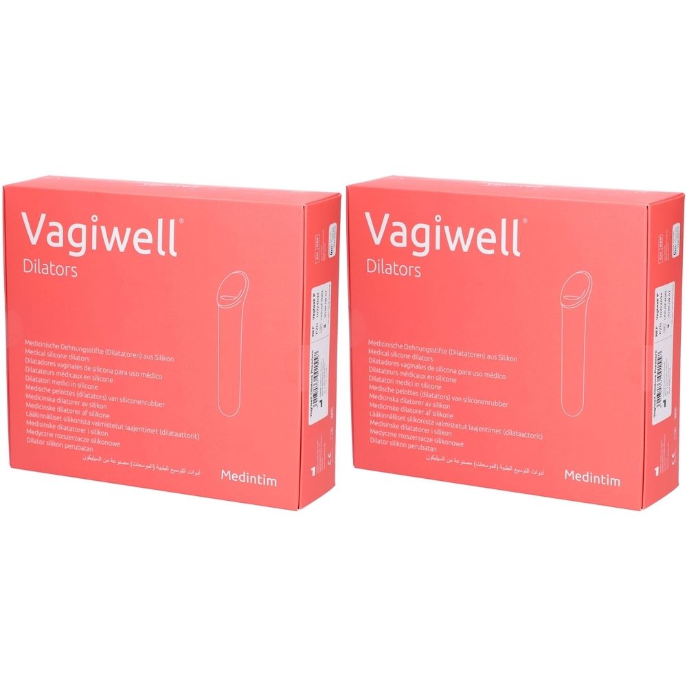 Deux boîtes rouges rectangulaires avec l'inscription "Vagiwell Dilators". Chaque boîte présente un schéma d'un dilatateur.