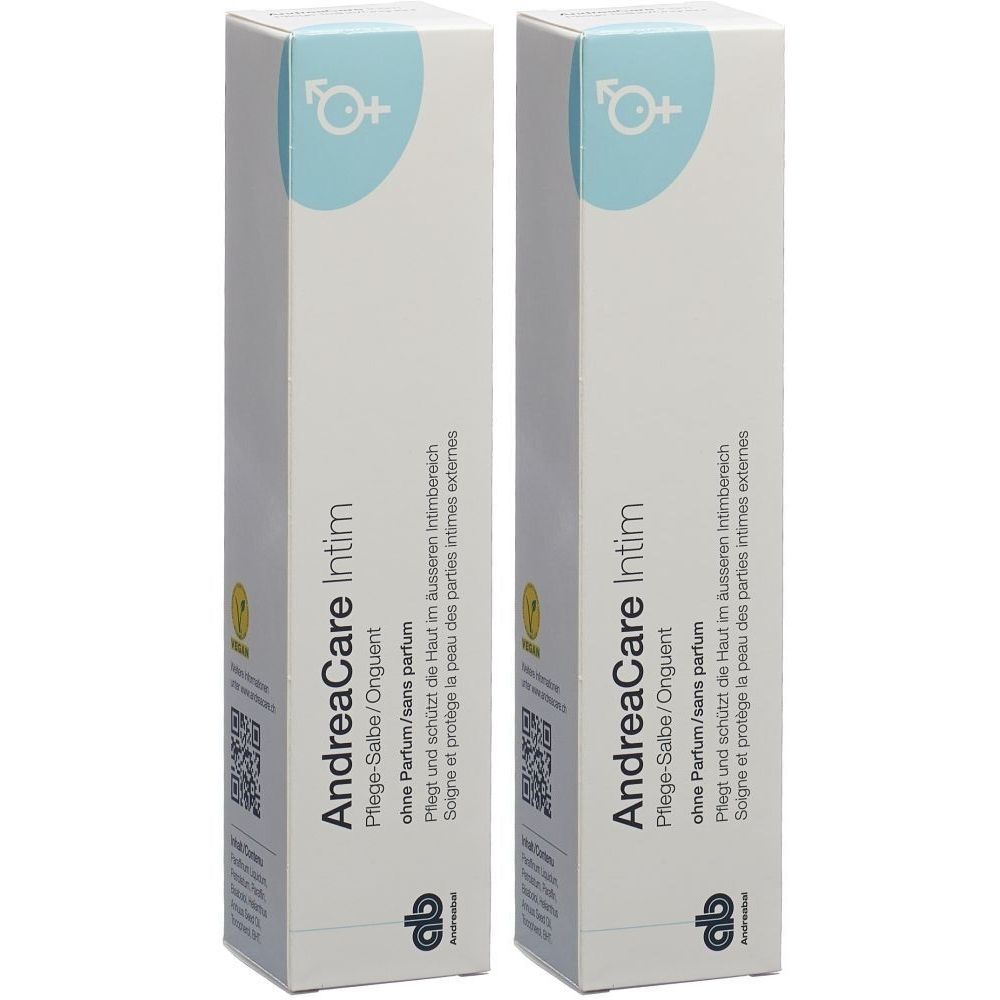 Deux boîtes blanches avec impression du produit. Inscription: AndreaCare Intim, crème, sans parfum. Logo avec symbole féminin.