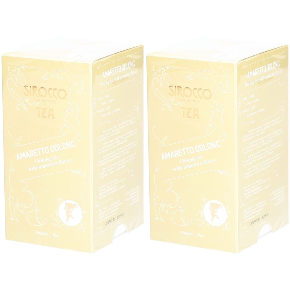 Deux boîtes de thé. Inscription : SIROCCO TEA, AMARETTO OOLONG. Thé Oolong à l'arôme d'amaretto.