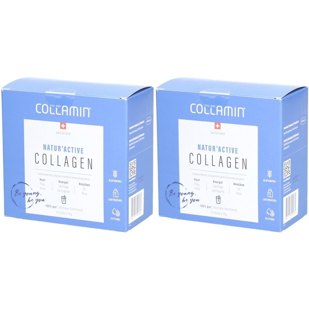 Deux boîtes bleues avec l'inscription "COLLAMIN Natur'Active Collagen". Croix suisse et texte. "Be young, be you" en dessous.
