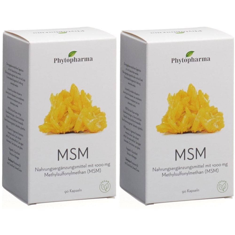 Deux boîtes blanches avec informations produit. Inscription: Phytopharma, MSM, complément alimentaire. Label vegan.