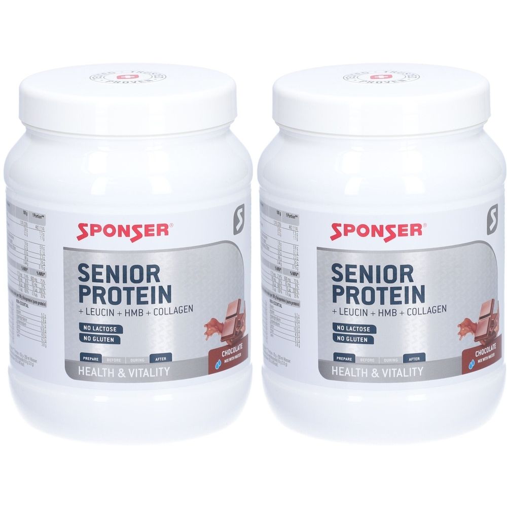 Deux boîtes blanches de SPONSER Senior Protein. Inscription : Senior Protein, Leucine + HMB + Collagène, Sans lactose, Sans gluten. Impression : Health & Vitality.