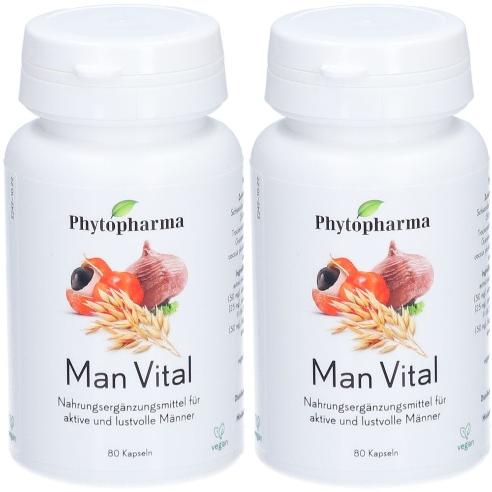 Deux flacons blancs de gélules. Inscription : Phytopharma, Man Vital. Label vegan. 80 gélules.