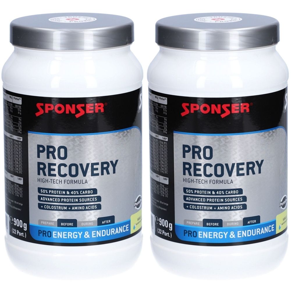 Deux pots blancs avec couvercles argentés. Inscription : SPONSER PRO RECOVERY, 50% protéines, 40% glucides, colostrum, acides aminés. 900g.