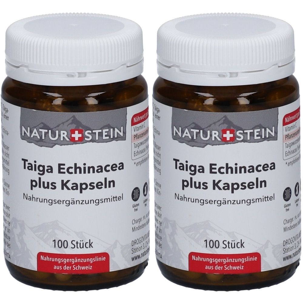 Deux flacons en verre brun avec des couvercles blancs. L'étiquette indique "NATUR+STEIN Taiga Echinacea plus Kapseln". 100 pièces.