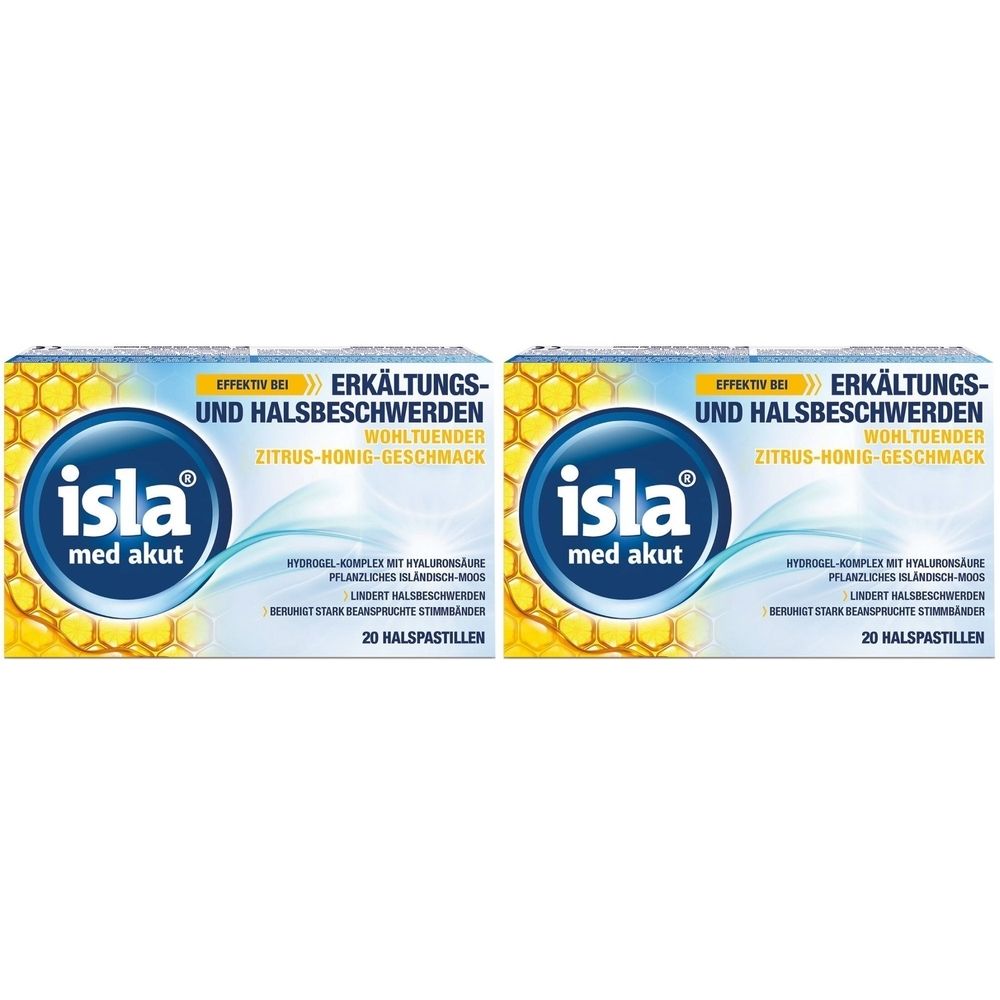 Deux boîtes de pastilles "isla med akut". Emballage bleu avec motif en nid d'abeille jaune et texte.