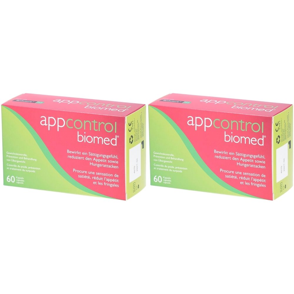 Deux boîtes de "appcontrol biomed". Chaque boîte contient 60 comprimés. Texte en allemand et en français.