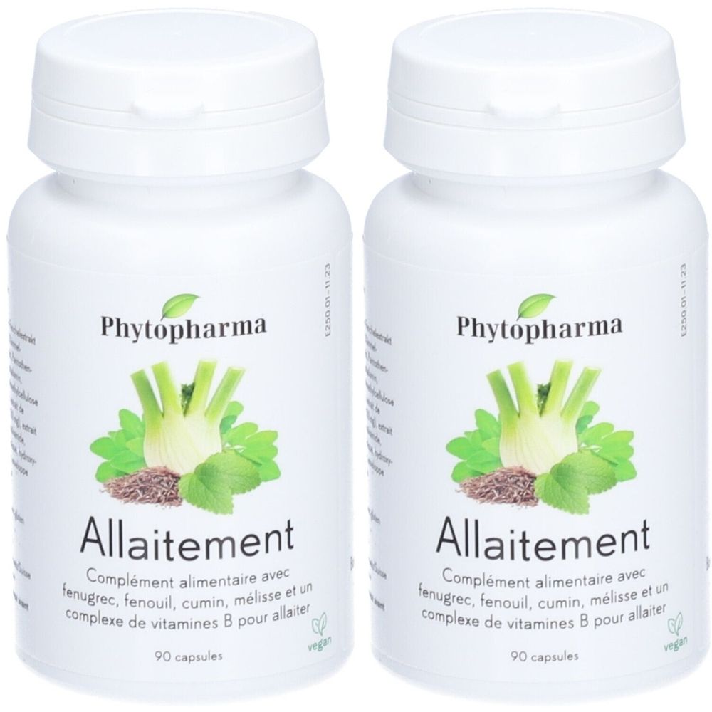 Deux flacons blancs avec le logo Phytopharma. Inscription : Allaitement. Complément alimentaire avec fenugrec, fenouil, cumin, mélisse et vitamines B. 90 capsules.