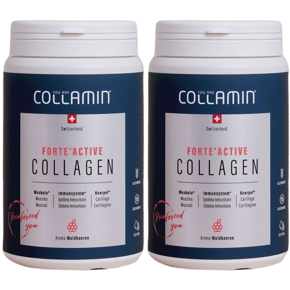 Deux boîtes de COLLAMIN Forte'Active Collagen. Couvercles blancs, contenants bleu foncé avec étiquette. Texte: Collagen, Suisse, Arôme fruits des bois.