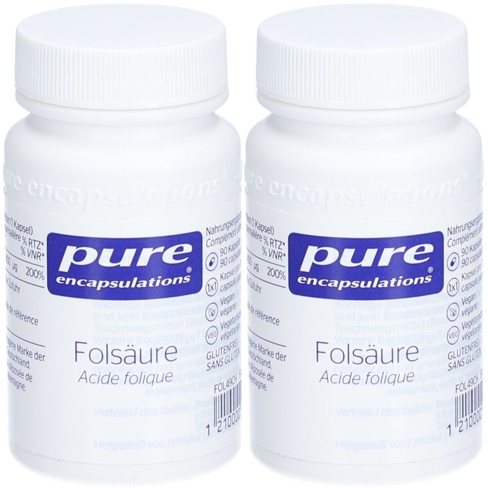 Deux flacons blancs de PURE ENCAPSULATIONS® Folsäure. Étiquettes bleues avec informations produit et inscription Folsäure.