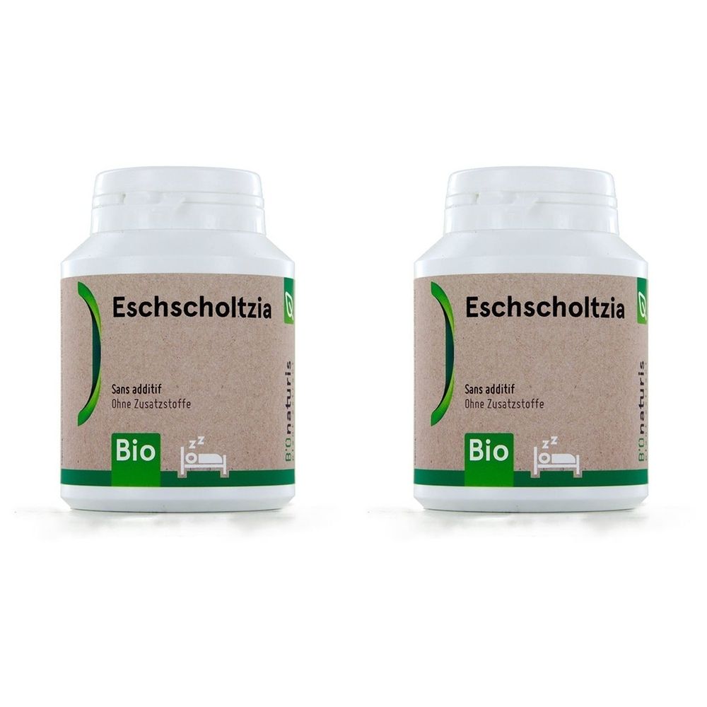 Deux flacons blancs avec étiquettes. Inscription : Eschscholtzia, Bio, sans additifs. Design vert-brun. Symbole de chambre à coucher.