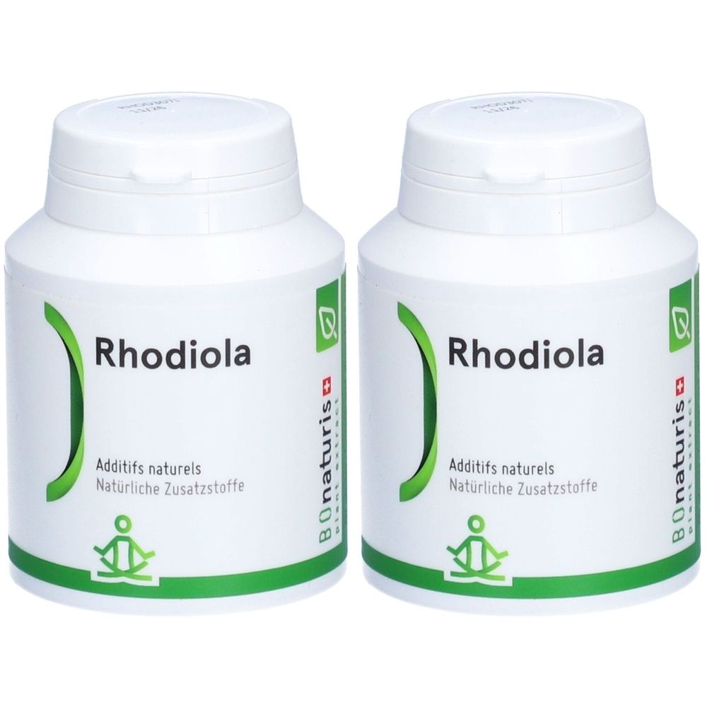 Deux flacons blancs avec l'inscription "Rhodiola". Inscription "Additifs naturels" et "Natürliche Zusatzstoffe". Logo Bonaturis.