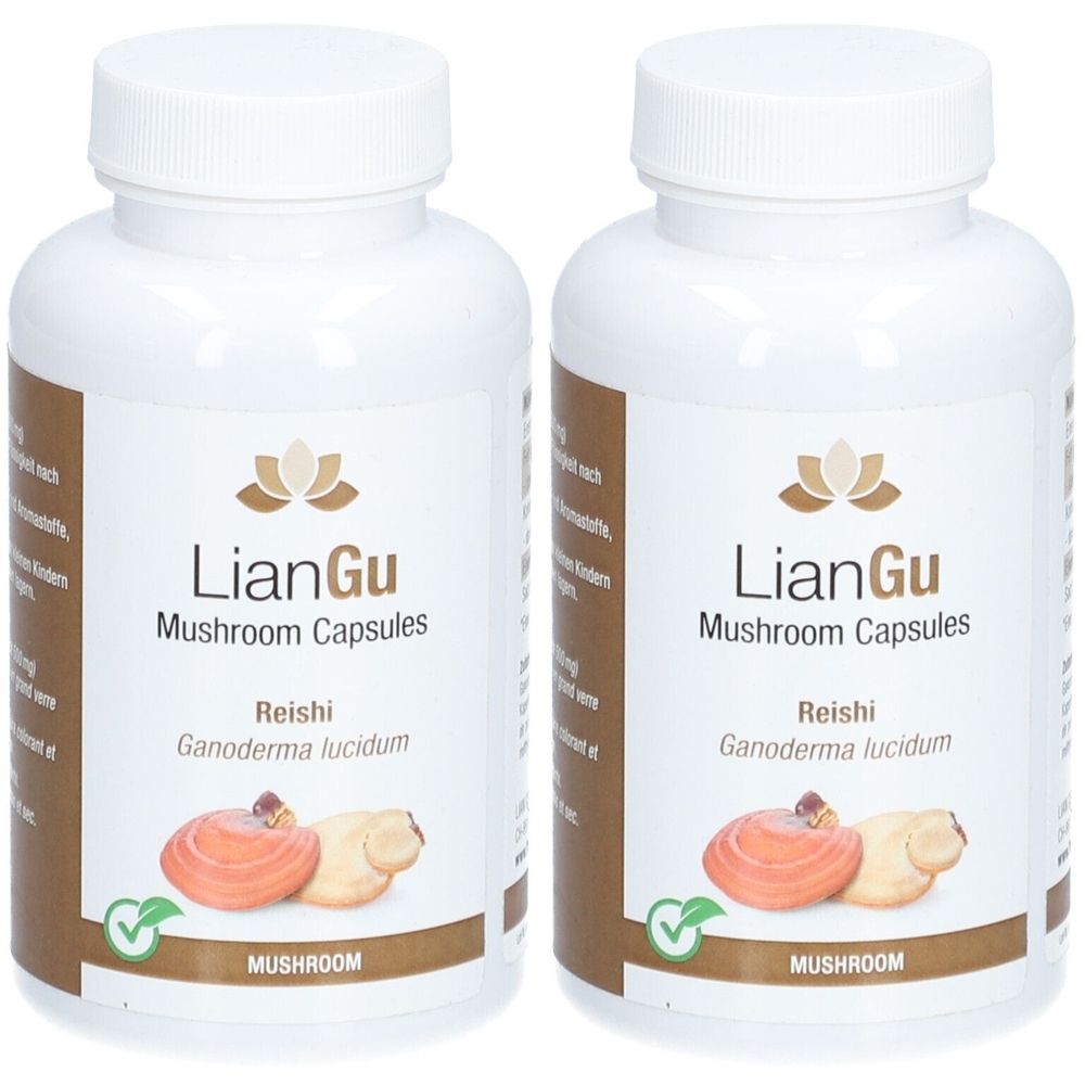 Deux flacons blancs avec bouchons à vis. Inscription : LianGu Mushroom Capsules, Reishi, Ganoderma lucidum. Illustration de champignons.