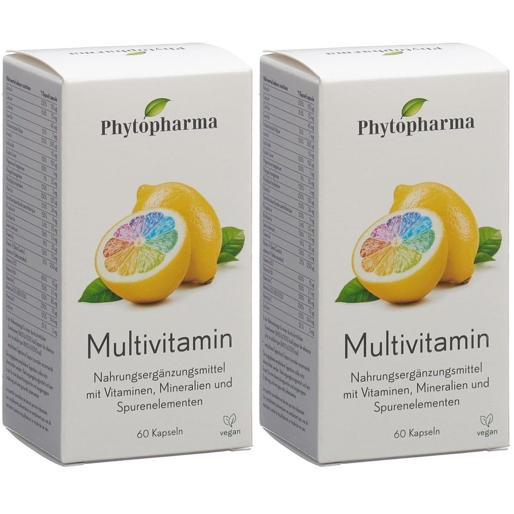Deux boîtes de PHYTOPHARMA Multivitamin. Impression: citron, Multivitamin, 60 gélules, vegan. Fond blanc.