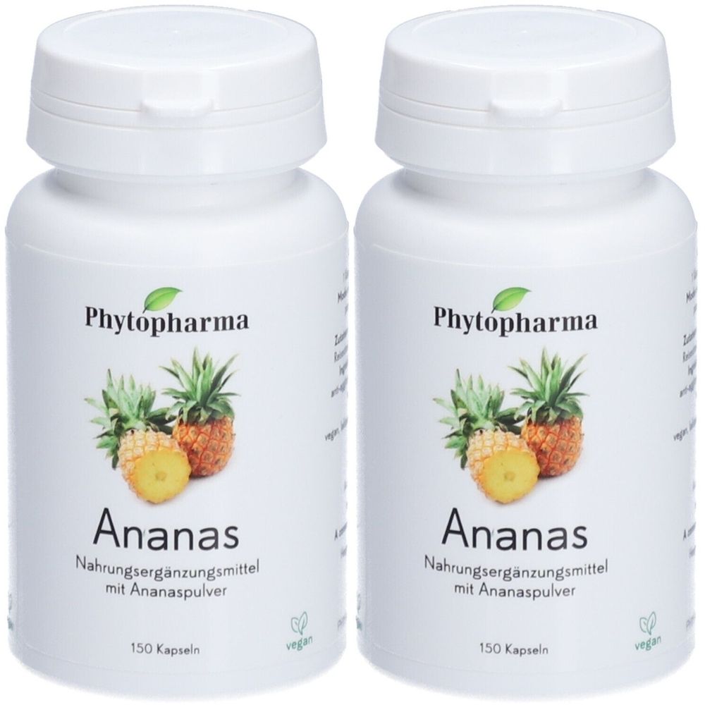 Deux flacons blancs avec le nom du produit Ananas. Inscription : Phytopharma, Ananas, complément alimentaire à la poudre d'ananas, 150 gélules, vegan.