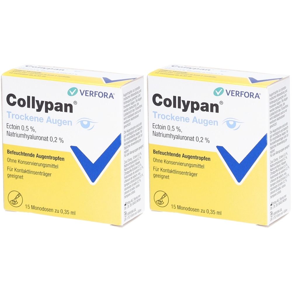 Deux boîtes de Collypan Trockene Augen. Inscription : Ectoin 0,5%, Hyaluronate de sodium 0,2%. 15 monodoses.