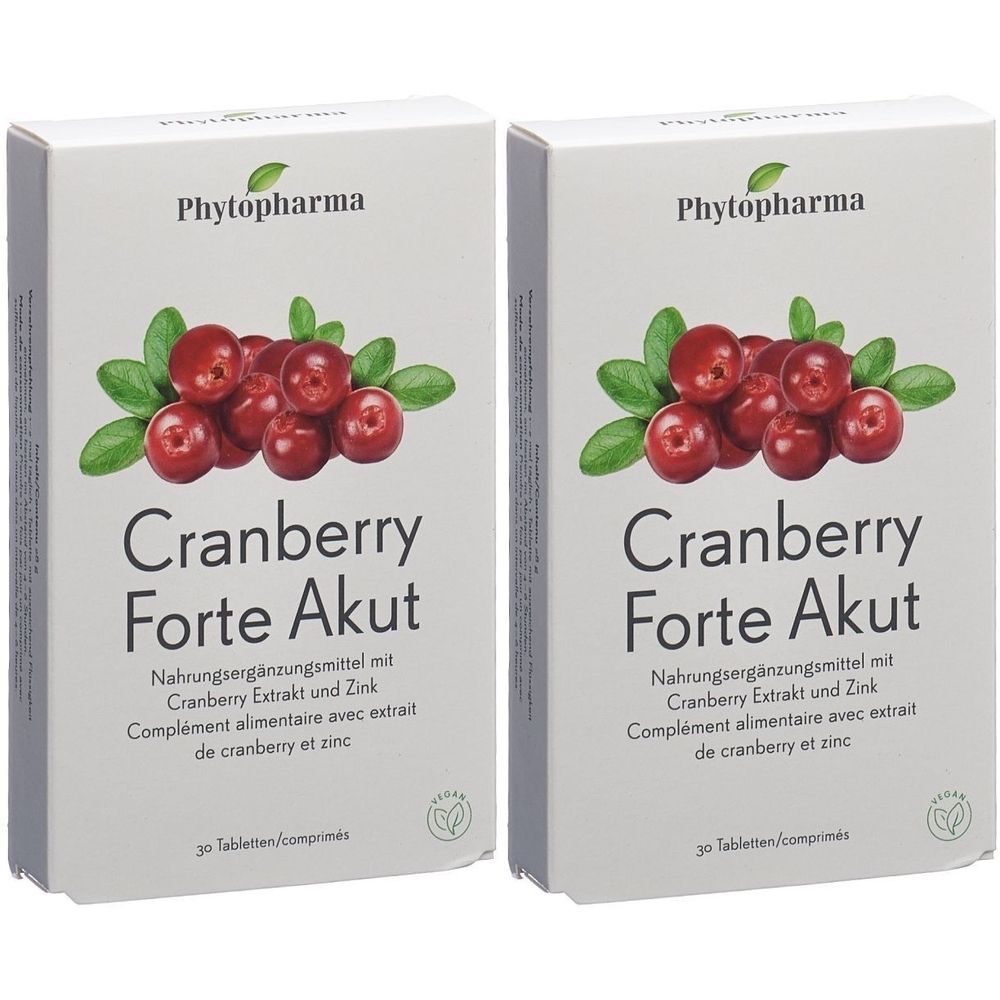 Deux boîtes blanches avec "Phytopharma Cranberry Forte Akut". Illustration de canneberges et feuilles. Texte en allemand et français.
