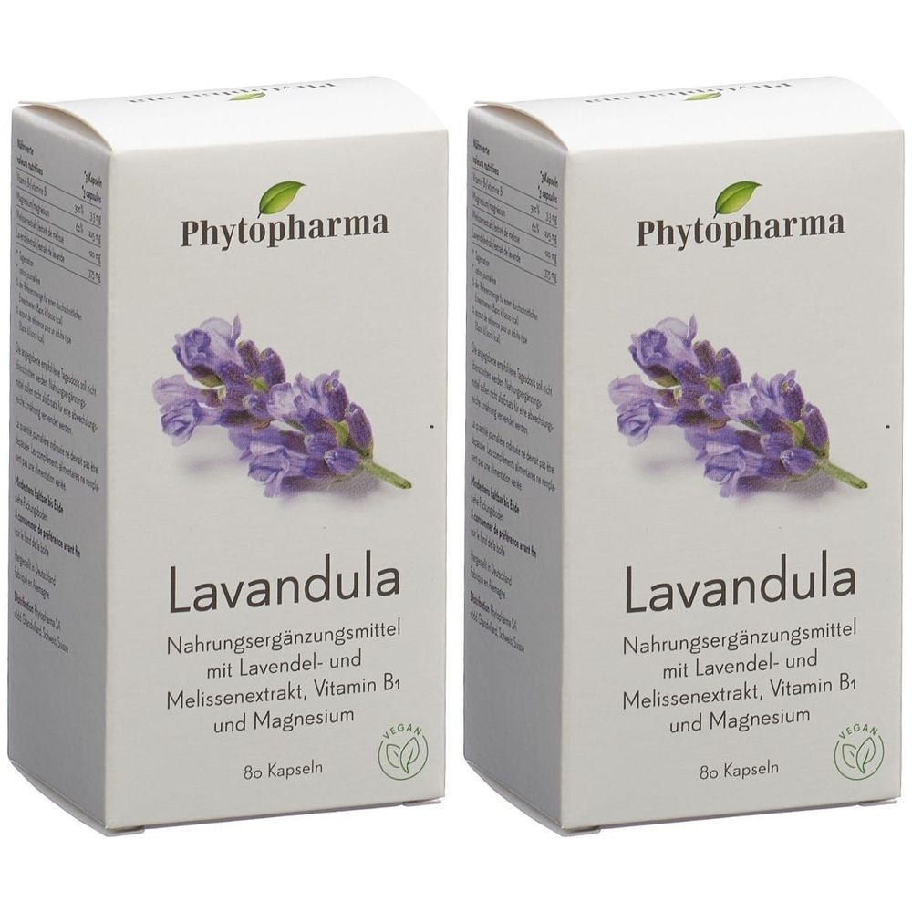 Deux boîtes blanches avec image de fleurs de lavande. Inscription: Phytopharma, Lavandula, complément alimentaire, 80 gélules.