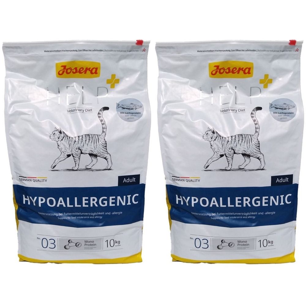 Deux sacs de nourriture pour chats. Inscription: JOSERA, HELP+, hypoallergénique, Adult. Image d'un chat. 10 kg.