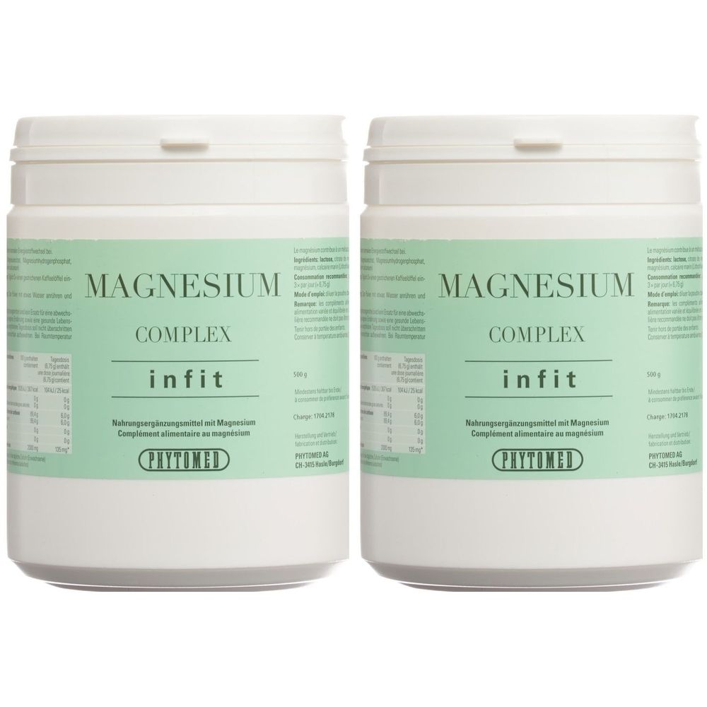 Deux boîtes blanches avec étiquette verte. Inscription: Magnesium Complex, infit. Marque: PHYTOMED. Complément alimentaire.