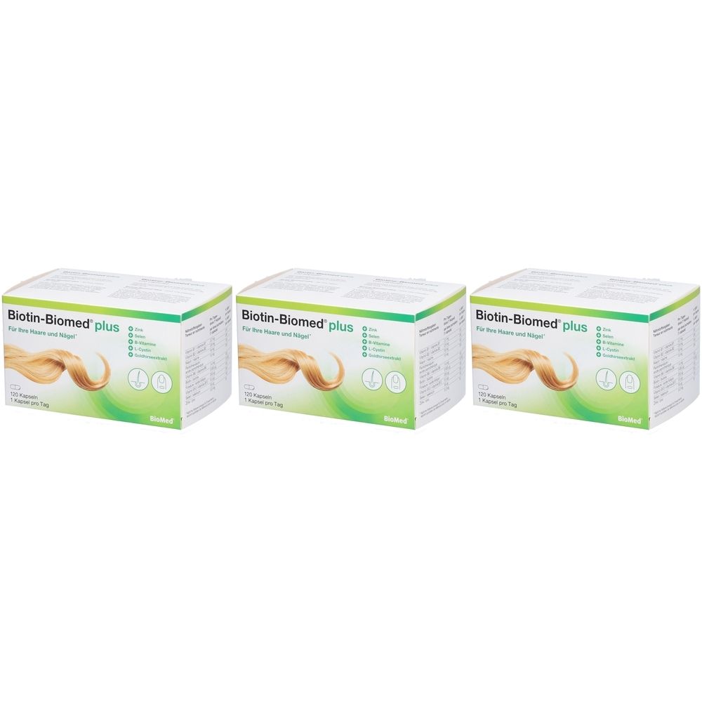 Trois boîtes de BIOTINE-BIOMED® Plus. Emballage blanc avec couvercle vert et logo. Illustration de cheveux et d'ongles.