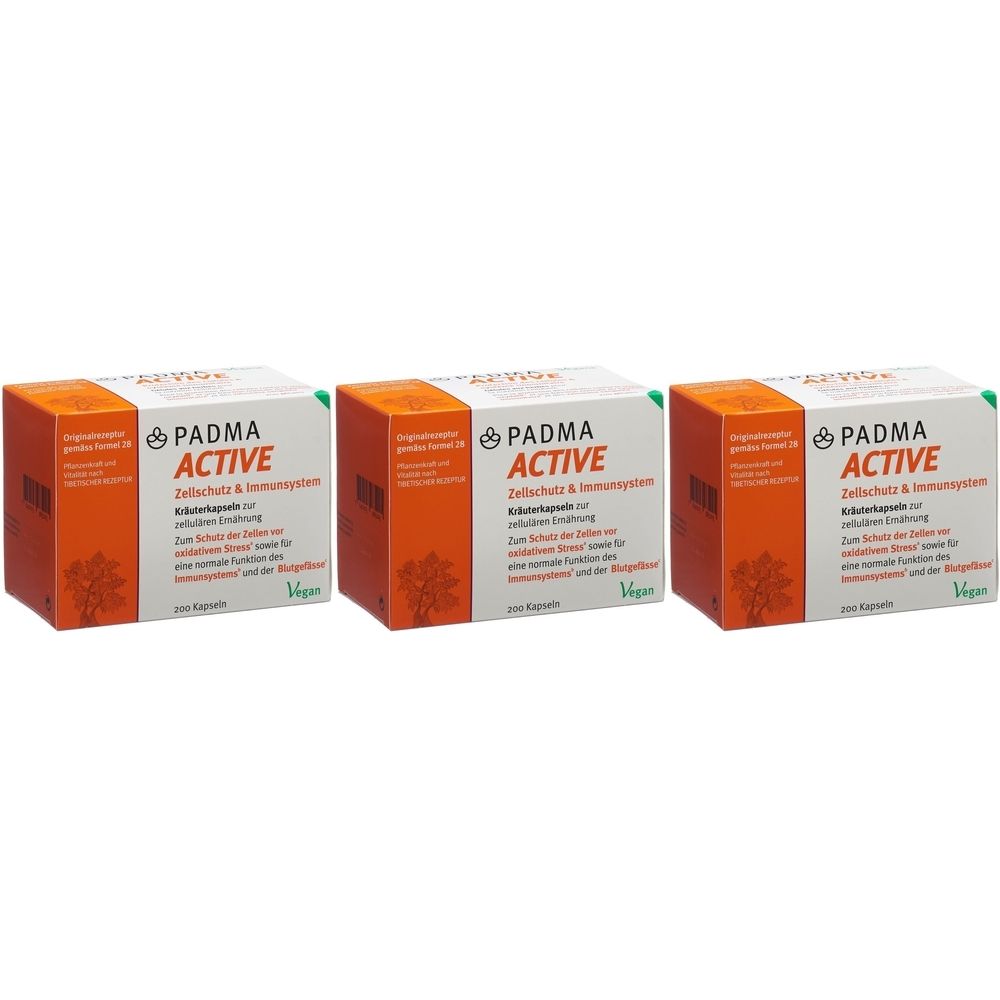 Trois boîtes "PADMA ACTIVE". Emballage blanc et orange avec des accents verts. Mention "Vegan".