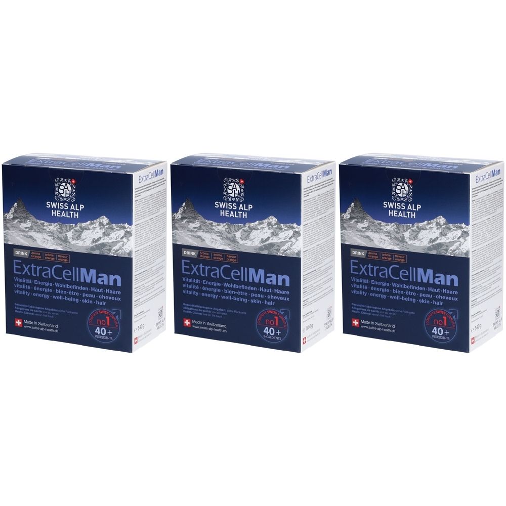 Trois boîtes EXTRA CELL Man. Emballage bleu avec logo, montagne et informations produit. Recommandé pour les 40 ans et plus.