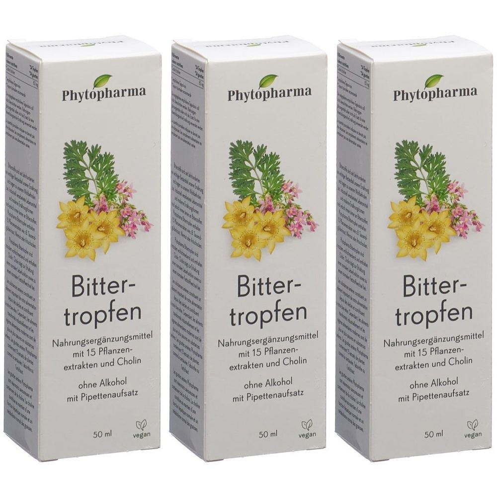 Trois boîtes blanches avec impression du produit. En haut à gauche : logo Phytopharma. En dessous : Bittertropfen. Texte : Complément alimentaire, 50 ml, vegan.