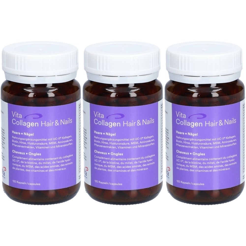 Trois flacons bruns avec des couvercles blancs. Les étiquettes indiquent "Vita Collagen Hair & Nails".