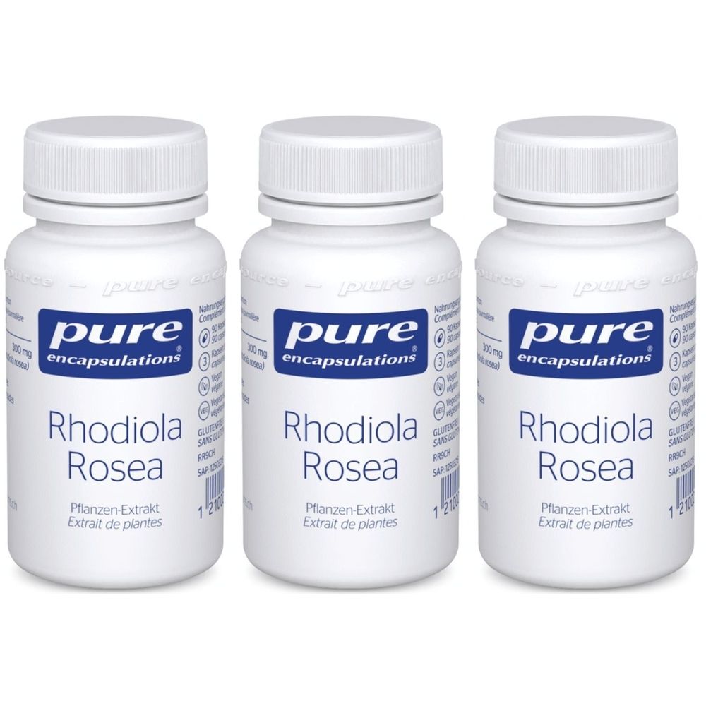 Trois flacons blancs avec bouchons à vis. Chaque flacon porte l'inscription "pure encapsulations Rhodiola Rosea".