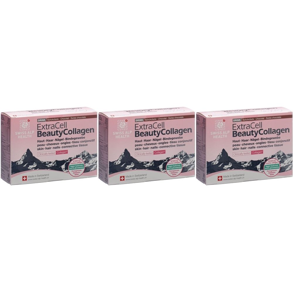 Trois boîtes de "ExtraCell Beauty Collagen". Emballage rose avec logo, texte et croix suisse. Montagnes en arrière-plan.