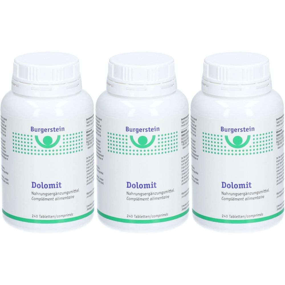 Trois flacons blancs avec bouchons à vis. Chaque flacon porte l'inscription "Burgerstein Dolomit".