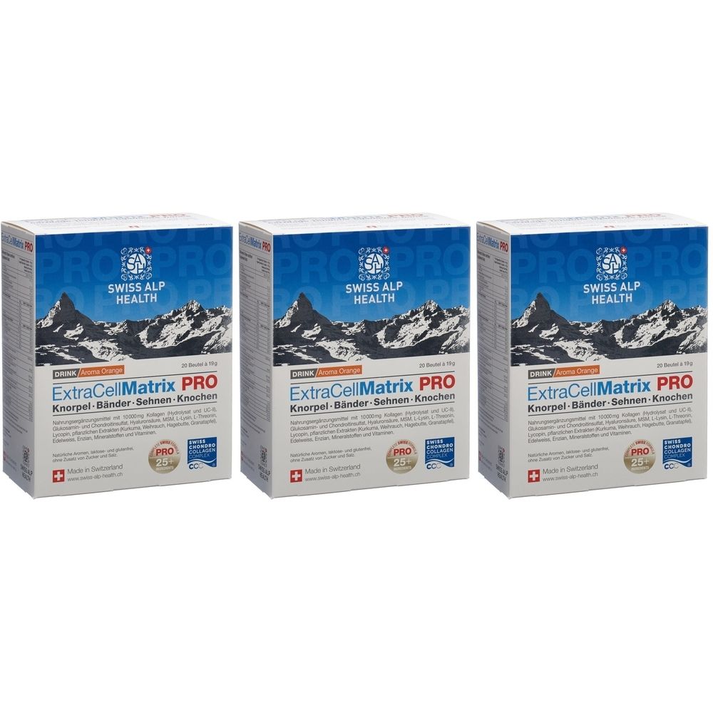 Trois boîtes de ExtraCellMatrix PRO. Chaque boîte affiche le logo Swiss Alp Health et une croix suisse.