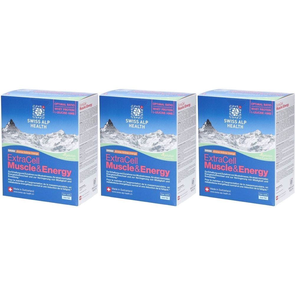 Trois boîtes bleues avec l'inscription "ExtraCell Muscle & Energy". "Swiss Alp Health" en haut. Inscriptions en plusieurs langues.