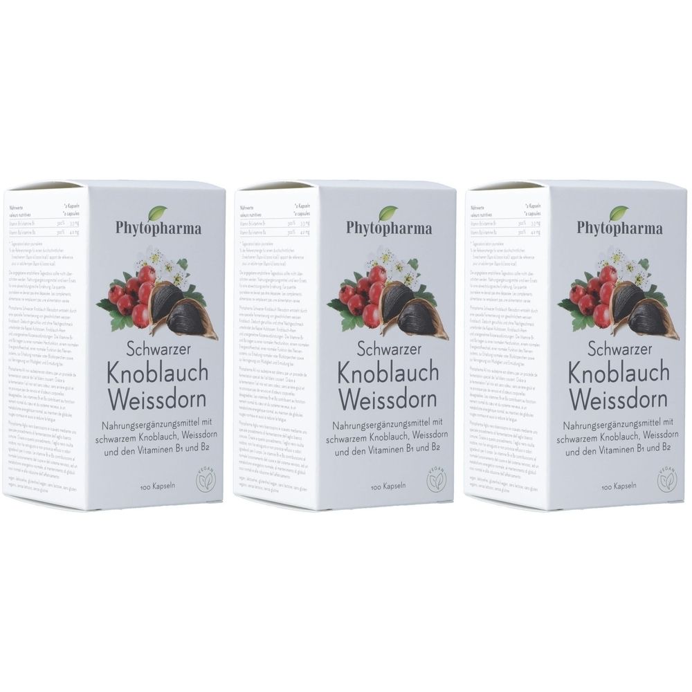 Trois boîtes avec impression du produit. Inscription : Schwarzer Knoblauch Weissdorn. Marque : Phytopharma. Illustration d'ail, d'aubépine et de baies.