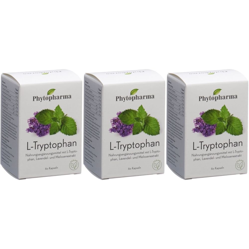 Trois boîtes blanches avec l'inscription "Phytopharma L-Tryptophan". Chaque boîte présente une illustration d'herbes.