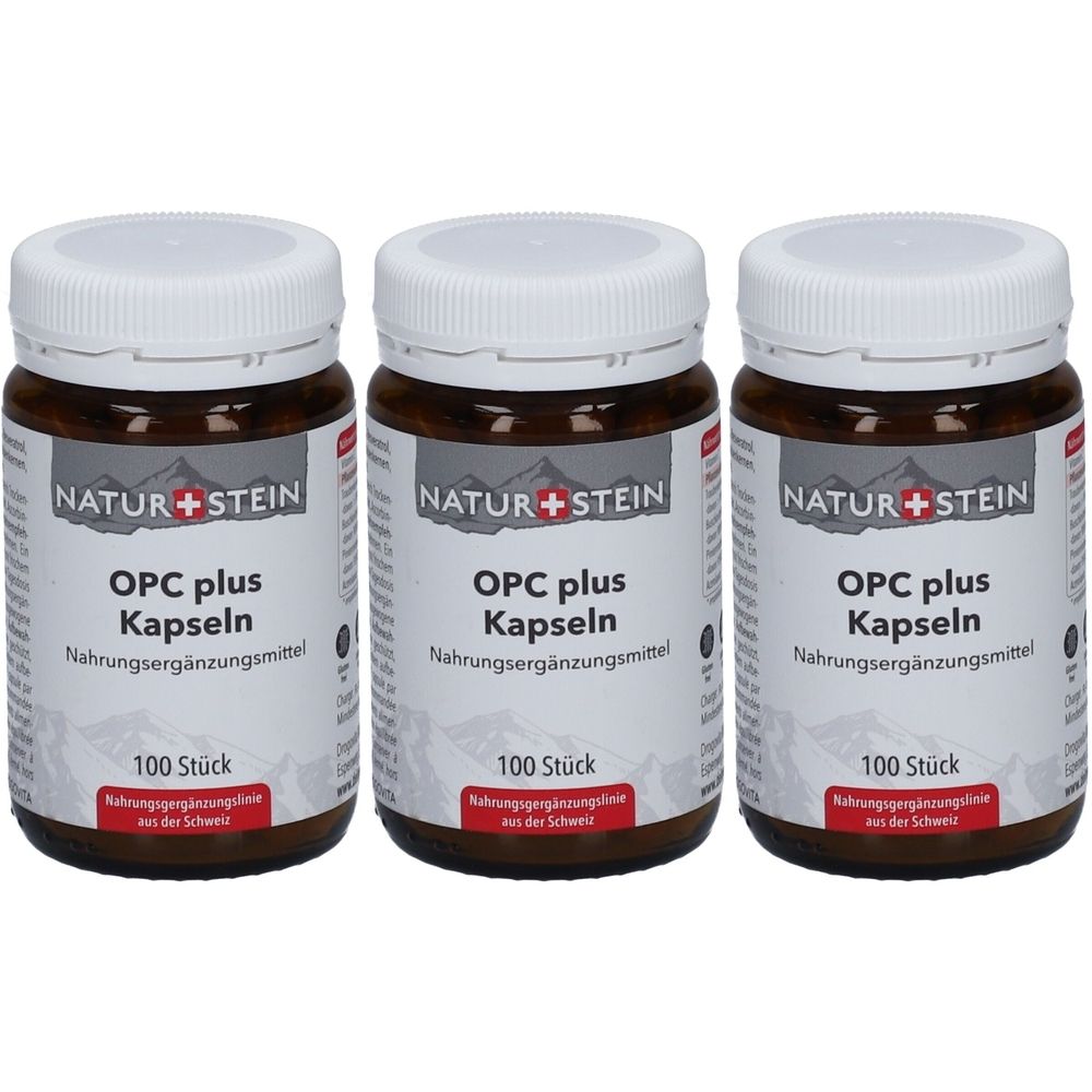 Trois flacons bruns avec des couvercles blancs. Les étiquettes indiquent "NATUR+STEIN OPC plus Kapseln". Chaque flacon contient 100 pièces.