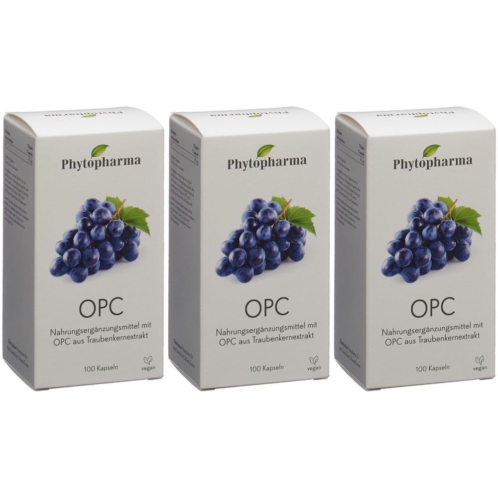 Trois boîtes de PHYTOPHARMA OPC. Chaque boîte présente une image de grappes de raisin, le texte OPC et le nom de la marque Phytopharma.