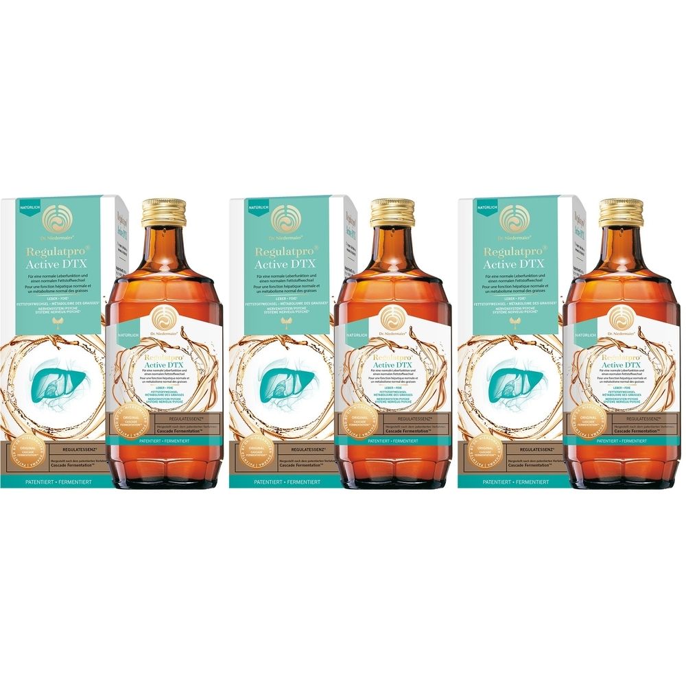 Trois bouteilles de liquide brun avec des boîtes. Les boîtes indiquent "Regulatpro Active DTX" et un symbole de foie.