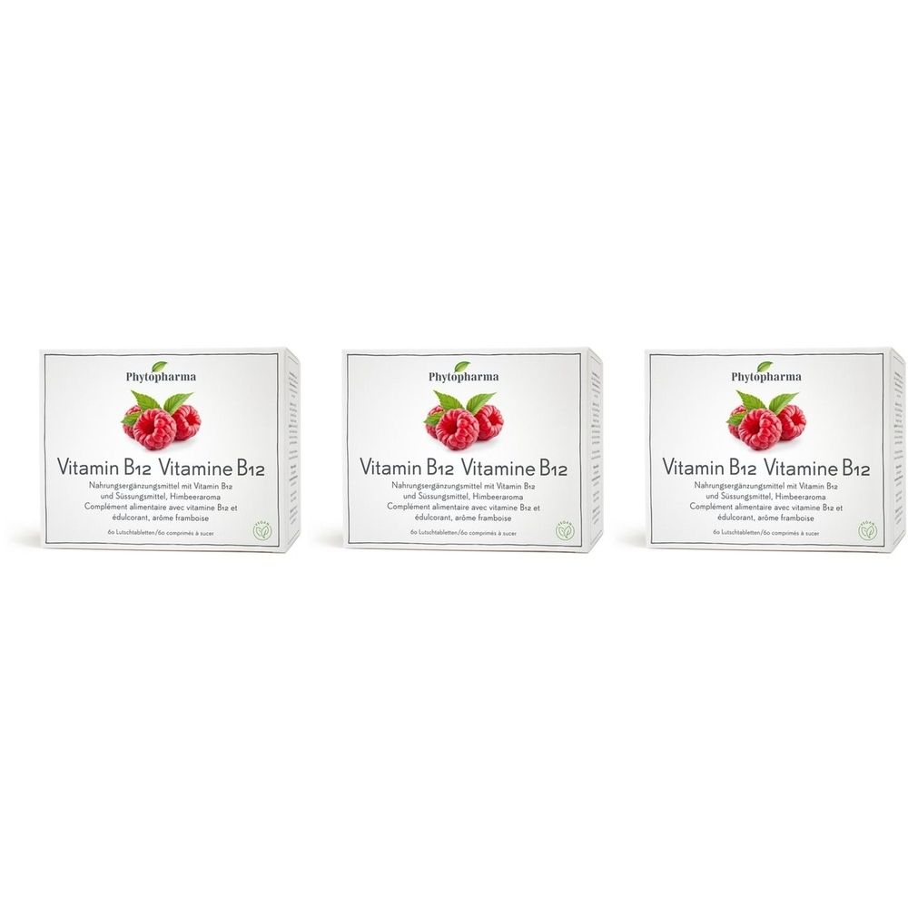 Trois boîtes de "Vitamine B12", illustration de framboises. Marque : Phytopharma. Emballage blanc.