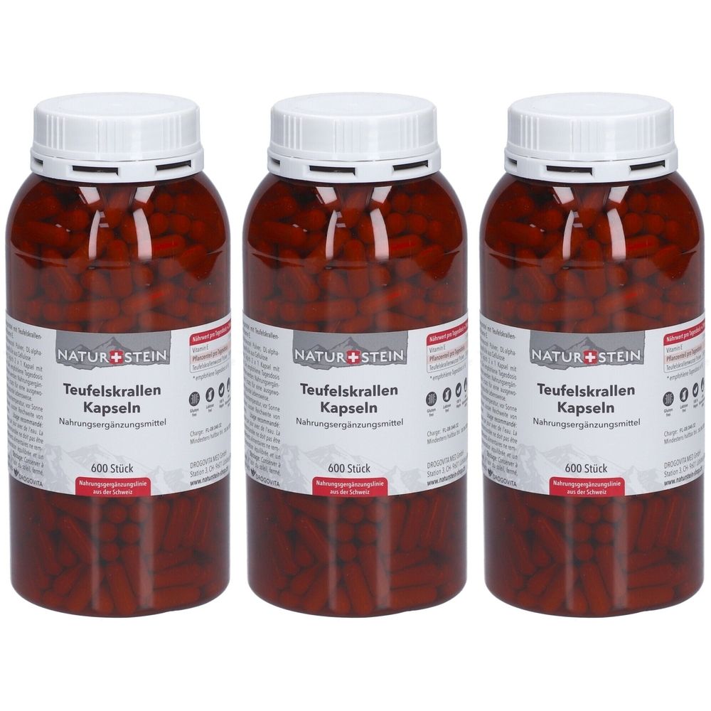 Trois flacons de gélules rouges. Inscription : NATUR+STEIN Teufelskrallen Kapseln. Chaque flacon contient 600 pièces.