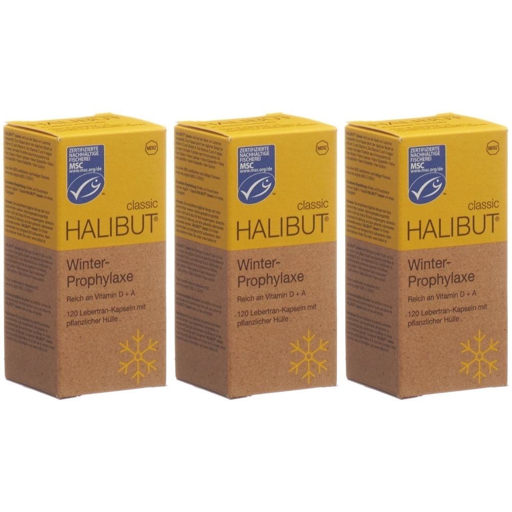 Trois boîtes de HALIBUT Prophylaxie hivernale. Couvercles jaunes, côtés bruns. Texte : HALIBUT, Prophylaxie hivernale, label MSC, flocon.